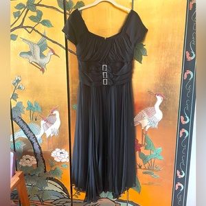 Vintage 1950s Handmade Black Formal Cocktail Chiffon Dress Rhinestone Buckle